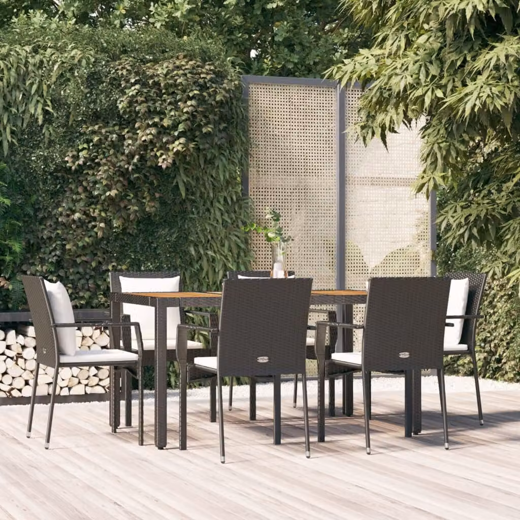 Set da pranzo da giardino vidaXL in polyrattan e legno di acacia nero e bianco con 7 pezzi