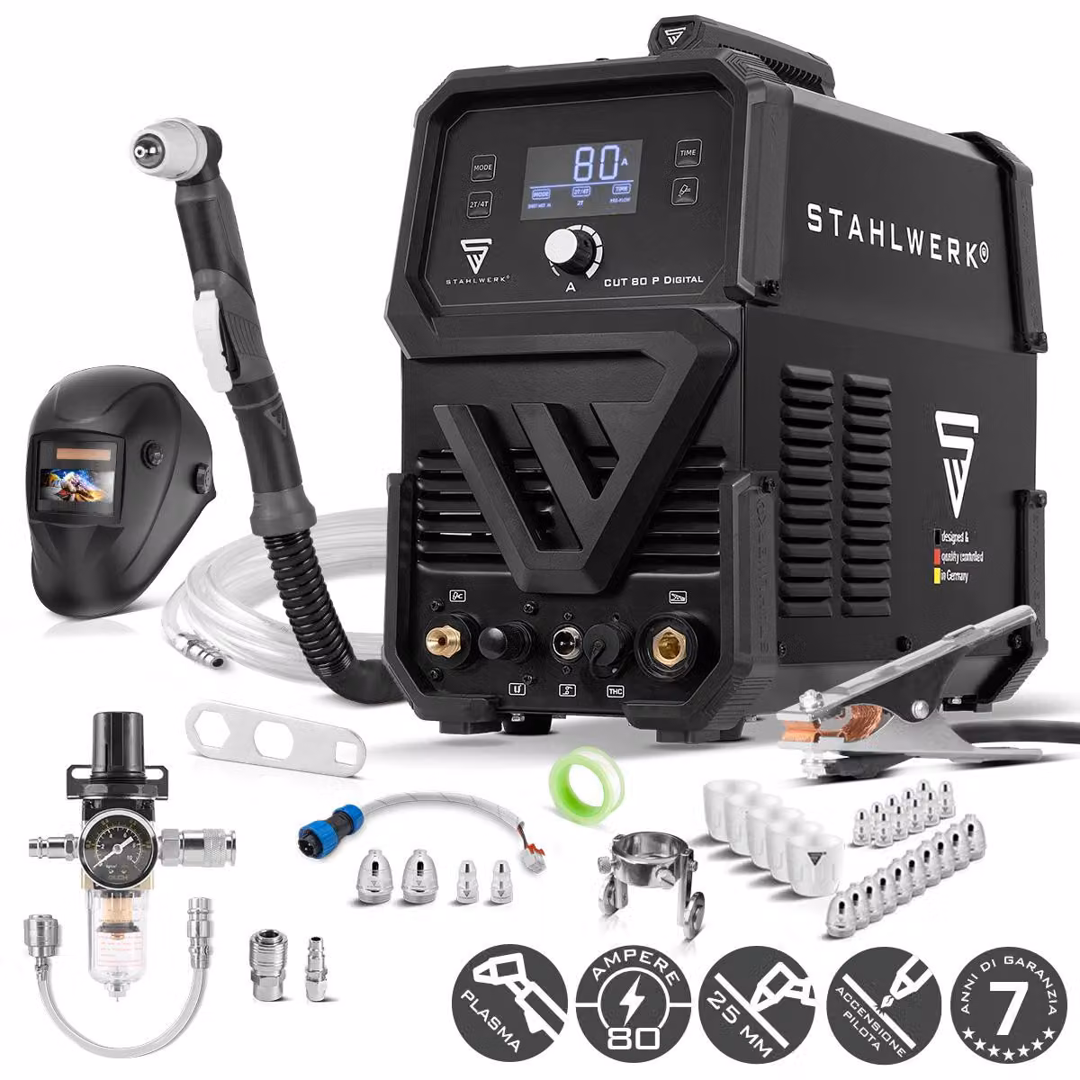 STAHLWERK Taglierina al plasma CUT 80 P Digital - Completamente equipaggiata - Taglierina al plasma da 80 A, capacità di taglio fino a 25 mm, inverter con accensione pilotata HF