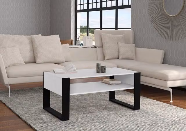 Tavolino da caffè moderno Bim Furniture con doppio ripiano rettangolare in MDF laminato, L: 110 cm, P: 48 cm, H: 60 cm