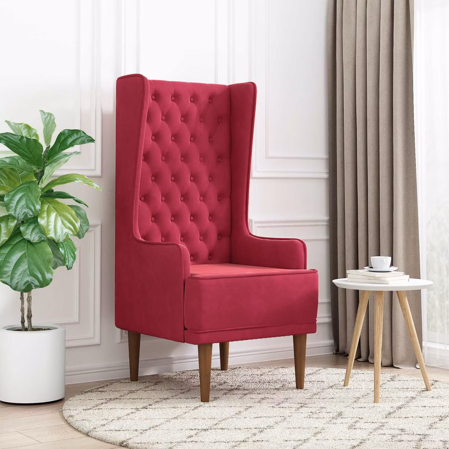 Sedia a schienale alto stile Chesterfield vidaXL in velluto rosso con gambe in legno