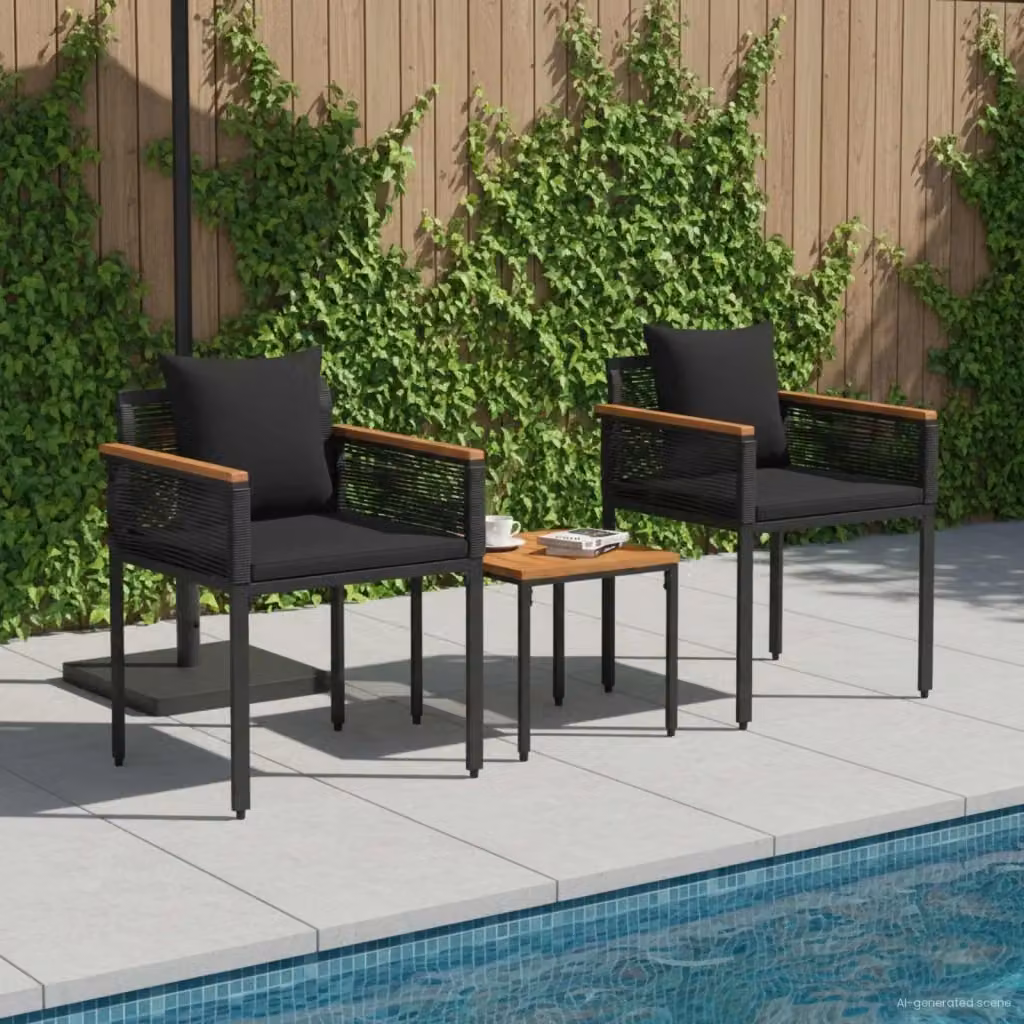 Set di mobili da esterno in rattan e metallo con cuscini neri per giardino, balcone o terrazza – 2