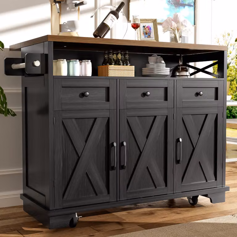 credenza okwish, cassettiera, mobile da cucina, isola da cucina su rotelle con spazio di archiviazione multifunzionale, divisori rimovibili, con portasciugamani, nero