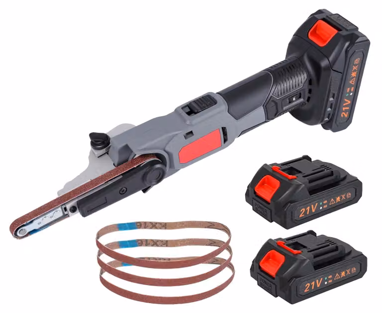 Smerigliatrice a nastro a batteria, tensione 20V, controllo della velocità a 6 livelli, dimensioni del nastro abrasivo 330 x 10 mm, potenza del motore 350W, capacità della batteria 1500mAh