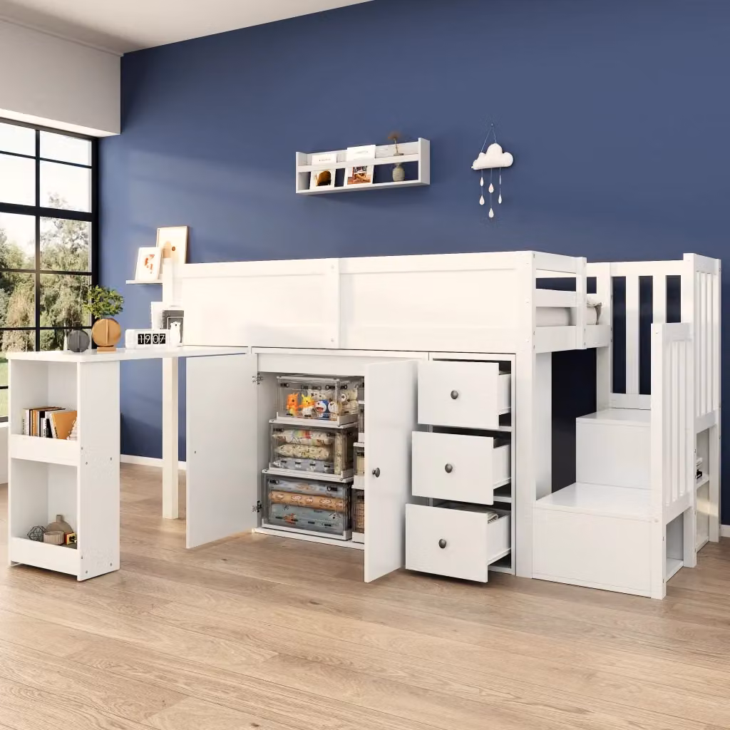 Letto a soppalco REDOM per bambini con scrivania estraibile, armadio, cassetti e scala, Bianco, L/P/H: 200 x 90 x 136 cm – 2