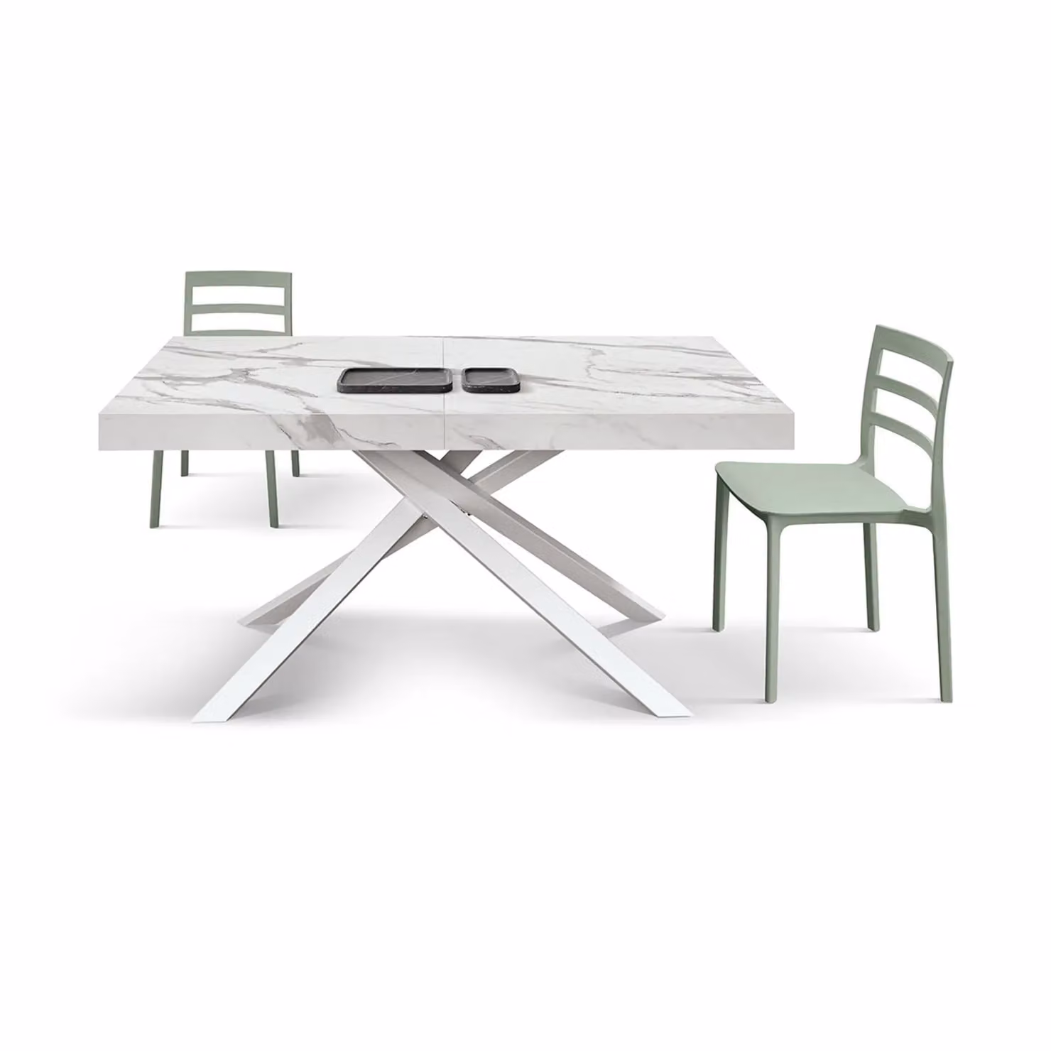 Tavolo FORTE DEI MARMI in legno, finitura bianco statuario e base in metallo bianco, allungabile 140×90 cm – 220×90 cm