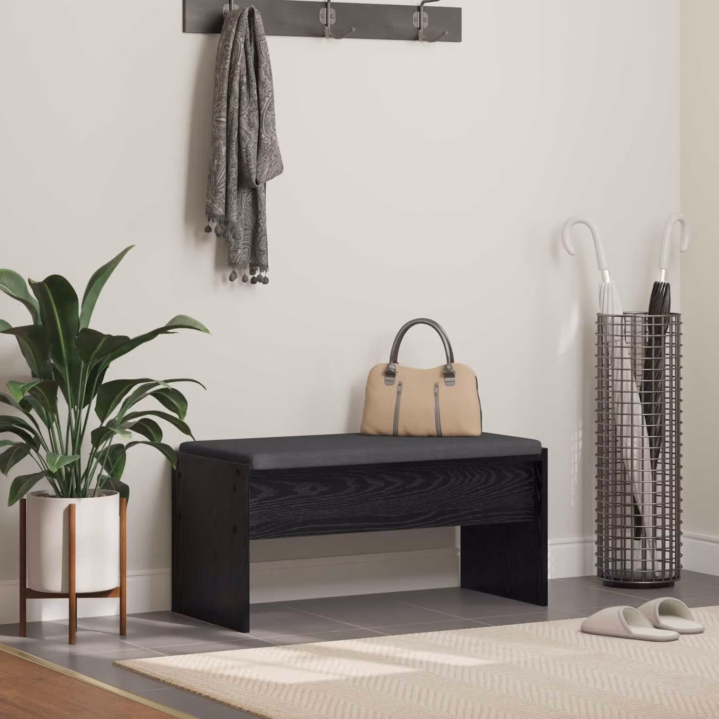 Panca per ingresso con scarpiera vidaXL in rovere e nero con cuscino L 83 x P 38 x H 40 cm