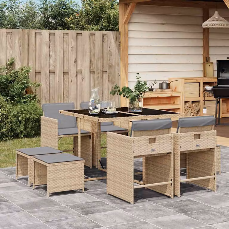 Set Pranzo da Giardino vidaXL in Polyrattan da 9 Pezzi con Cuscini Beige Misto e Tavolo in Vetro