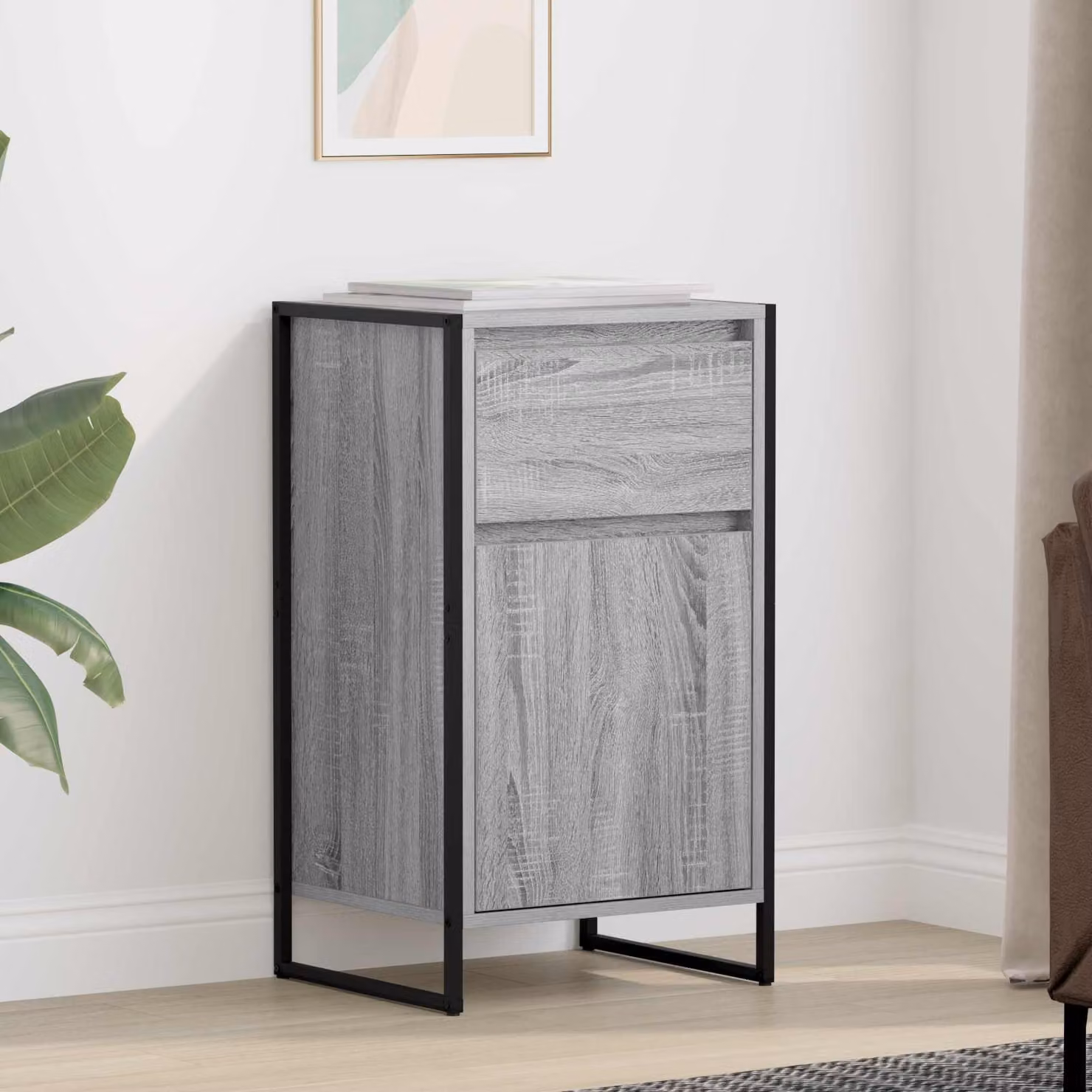Credenza vidaXL in stile industrial, colore grigio, realizzata in legno MDF e metallo, L 43 cm x P 36 cm x H 75,5 cm