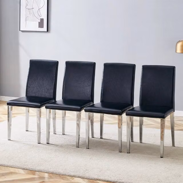 Set di 4 sedie da sala da pranzo OKWISH moderne con schienale ergonomico e seduta imbottita in ecopelle nera e struttura in metallo argento per soggiorno e cucina