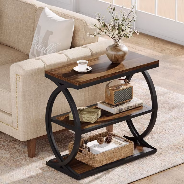 Tavolino laterale a 3 ripiani, struttura in metallo, legno, stile rustico, colore marrone