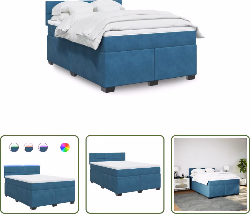 The Living Store Letto a molle con materasso Blu 140x190 cm in velluto