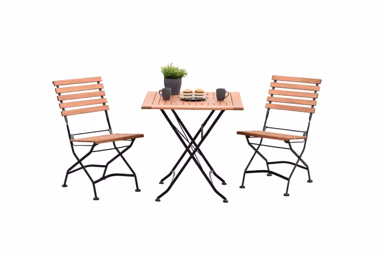Set di mobili da giardino Merxx Schlossgarten 3 pezzi, 2 sedie pieghevoli, tavolo pieghevole 75 x 75 cm - acciaio piatto con eucalipto