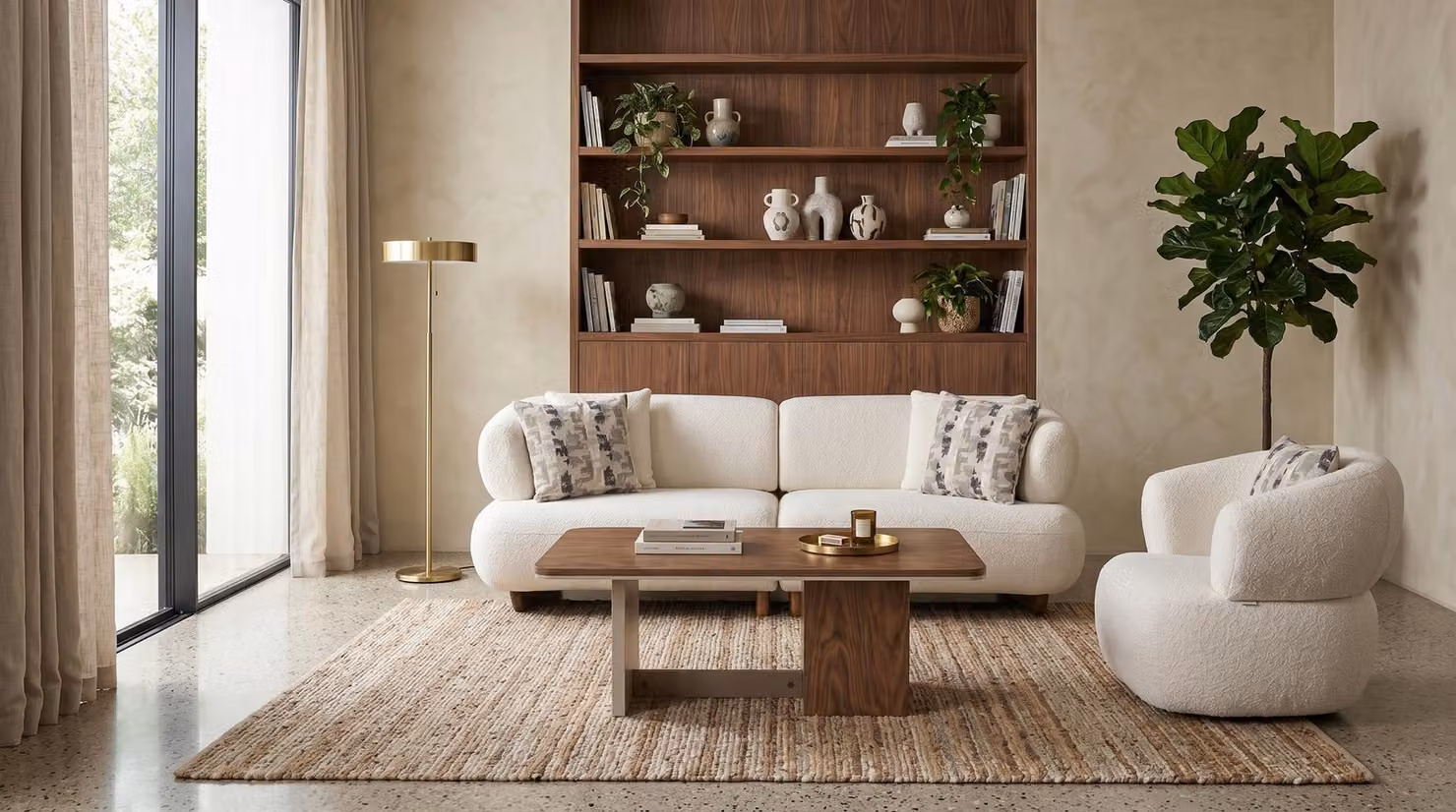 Set di divani 3 posti + 1 posto, con tavolino, rivestito in tessuto bouclé beige. Set di divani imbottiti