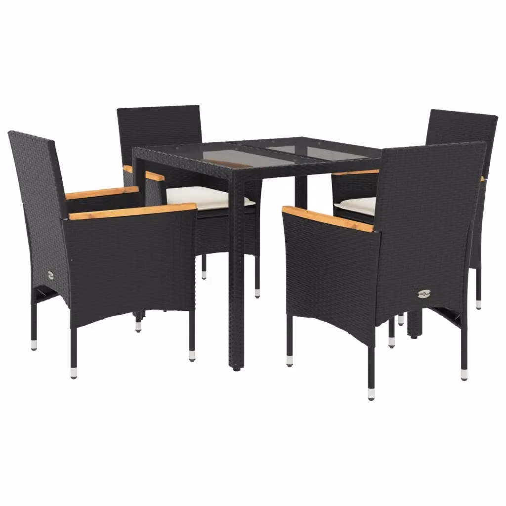 vidaXL Set da Pranzo da Giardino Moderno in Polyrattan e Legno di Acacia con Cuscini e Tavolo in Vetro, 5 Pezzi, Bianco e Nero – 2
