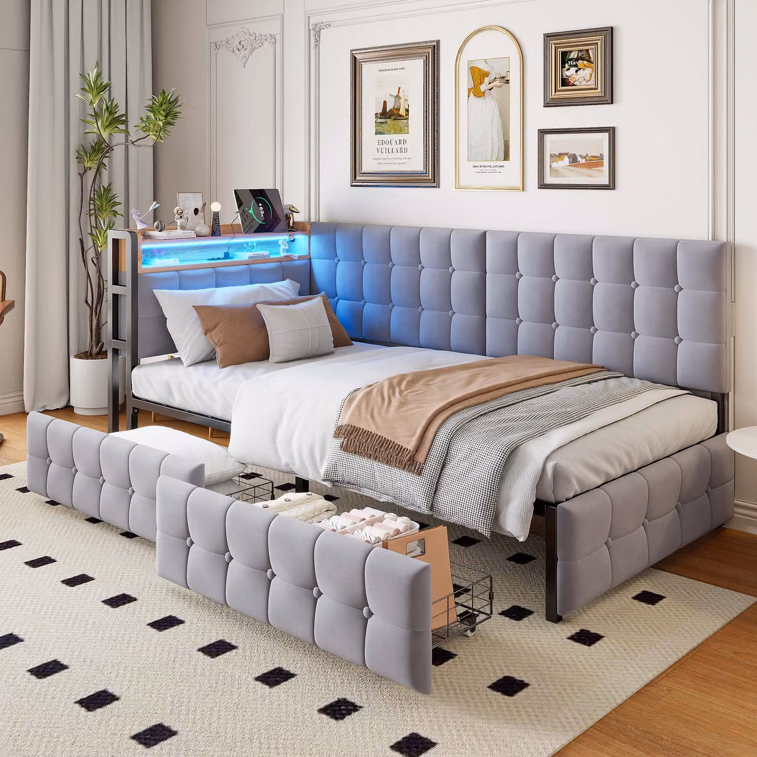 okwish Letto a scomparsa 90x200, divano imbottito con funzione letto, letto per bambini con 2 cassetti, lampada da lettura a LED, porta USB e porta Type-C, color grigio chiaro