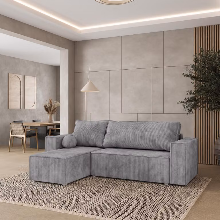 Divano angolare Masseno RAVELO P con funzione letto a L, divano con box letto, divano da salotto, divano, divano, divano letto, set di divani - grigio chiaro, POSO 55