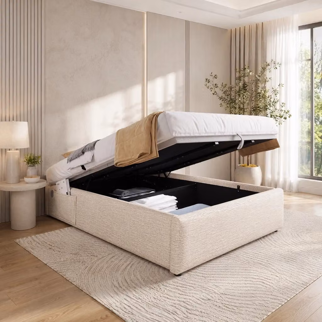 Letto contenitore Mivray in lino beige con porte USB e Type-C L/P/H: 140 x 200 cm – 2
