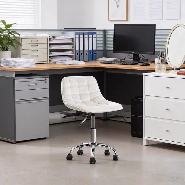 Sedia da ufficio girevole WISHDOR in velluto beige e bianco con base in metallo e ruote per home office – 1