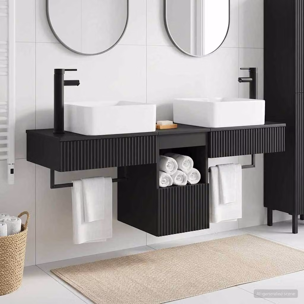 Set di mobili per il bagno moderno vidaXL in 3 pezzi nero opaco in legno MDF sospeso