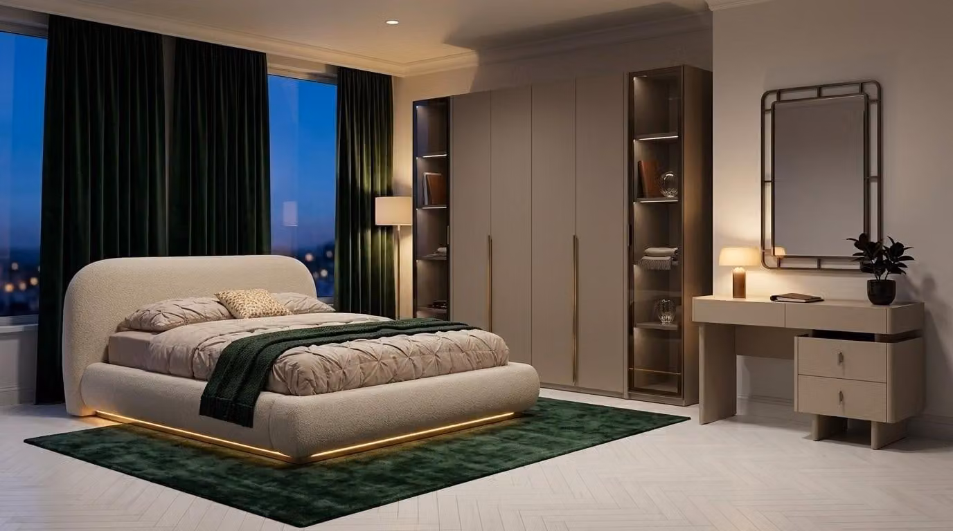 Set per camera da letto: letto, armadio, comodino. Design moderno, colore beige, versatile