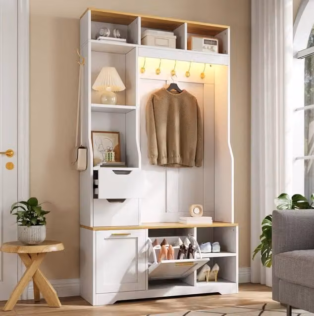 Mobile ingresso con guardaroba; panca e luce LED controllata da app; 100 x 32 x 186 cm bianco