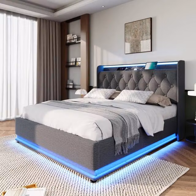 Letto doppio imbottito; 160x200cm; 360 LED Control App Hydraulic; grigio