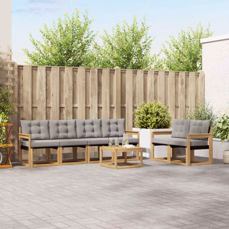 Set di divani da esterno vidaXL 7 pezzi in legno di acacia con tavolino e cuscini, Bianco, Grigio e Marrone