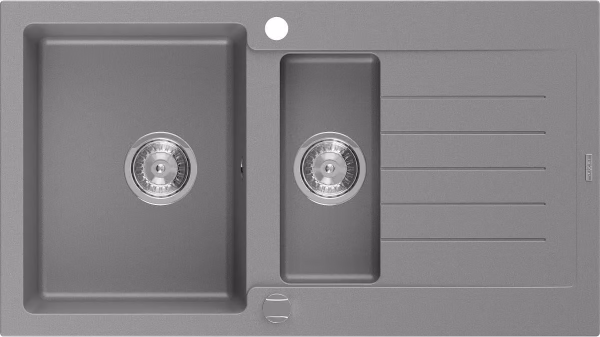Mexen Matias lavello in granito 1,5 vasche con sgocciolatoio 900 x 505 mm, grigio, sifone cromato - 6502901505-71