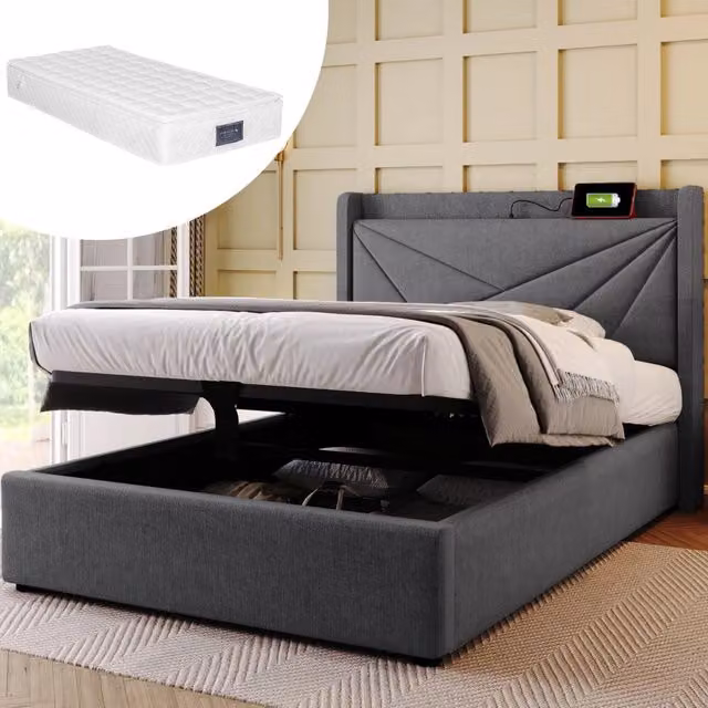 Letto singolo contenitore 90x200 cm con USB e Type-C; testiera imbottita; grigio