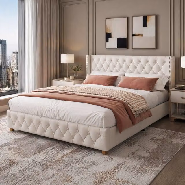 Letto imbottito 160x200 cm in lino beige con testiera e pediera trapuntate