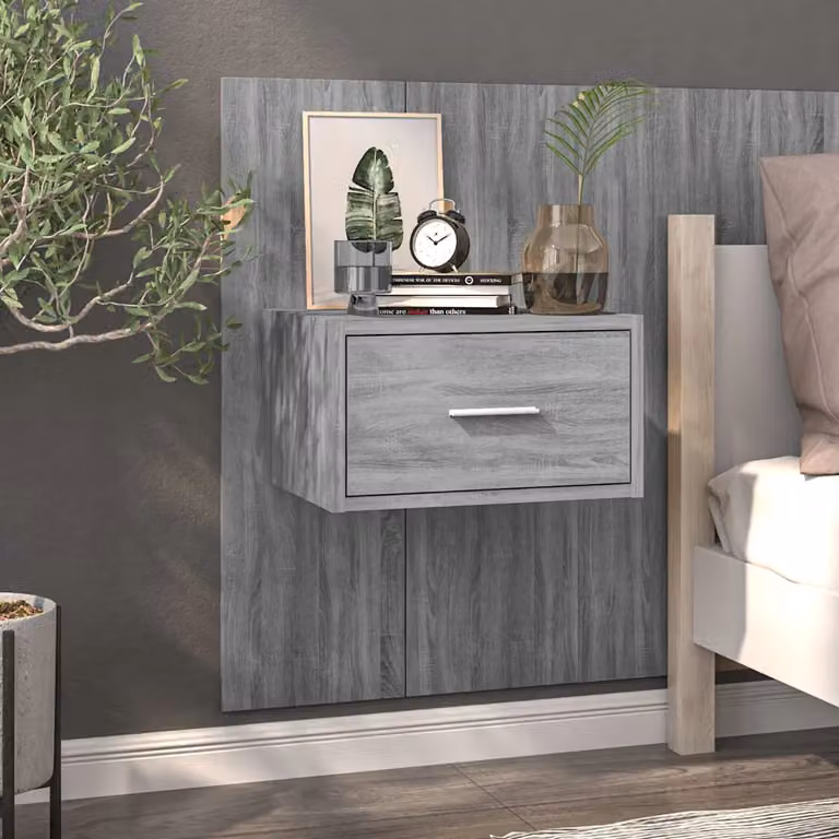 Comodino a muro moderno vidaXL in legno e MDF, Grigio Sonoma, L: 80,0 cm, P: 32,5 cm, H: 48,5 cm
