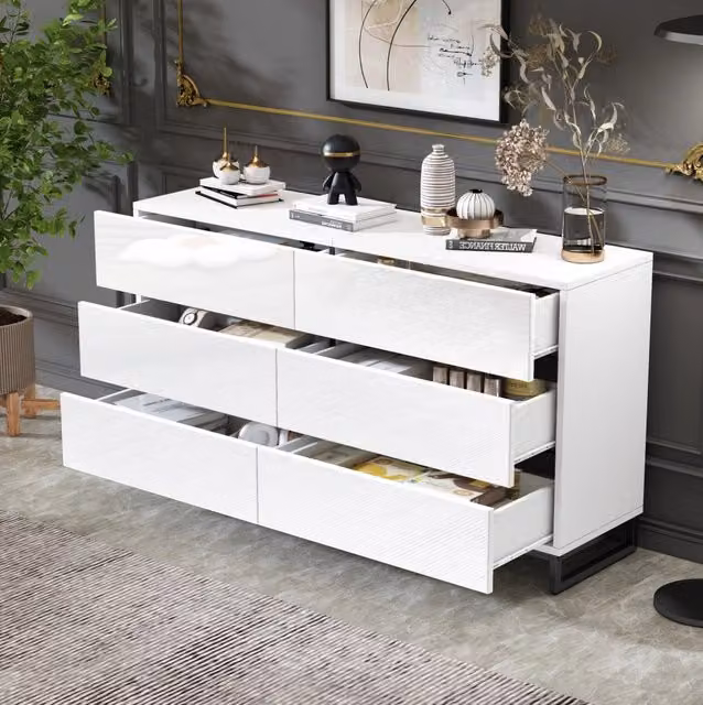 Credenza soggiorno 140x39;5x78;5 cm con 6 cassetti; finitura lucida frontale; bianco