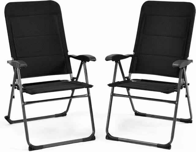 Set di 2 sedie a sdraio reclinabili in textilene e acciaio nero con schienale regolabile e braccioli per giardino e terrazzo, portata 136 kg