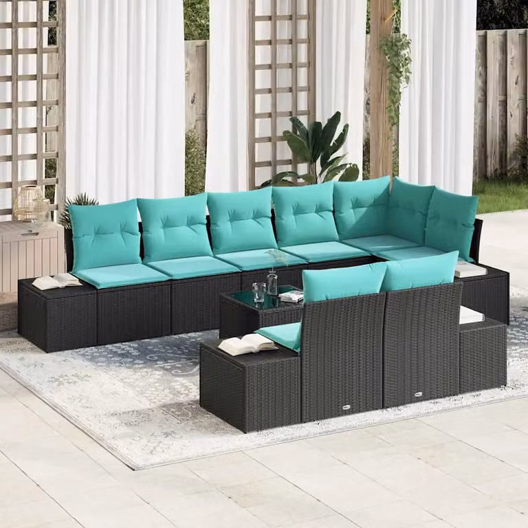 Set Divano da Giardino Moderno vidaXL a Forma a U in Polyrattan Nero con Cuscini Turchesi e Tavolino da Esterno