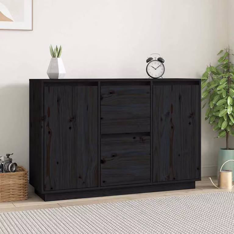 Credenza nera in legno massello di pino stile rustico vidaXL L: 111 cm, P: 34 cm, H: 75 cm