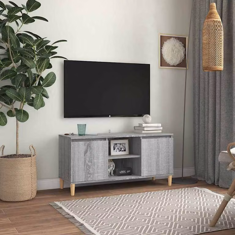 Mobile TV vidaXL in stile scandinavo con gambe in legno massello, colore Grigio Sonoma, L: 103,5 cm, P: 35 cm, H: 50 cm