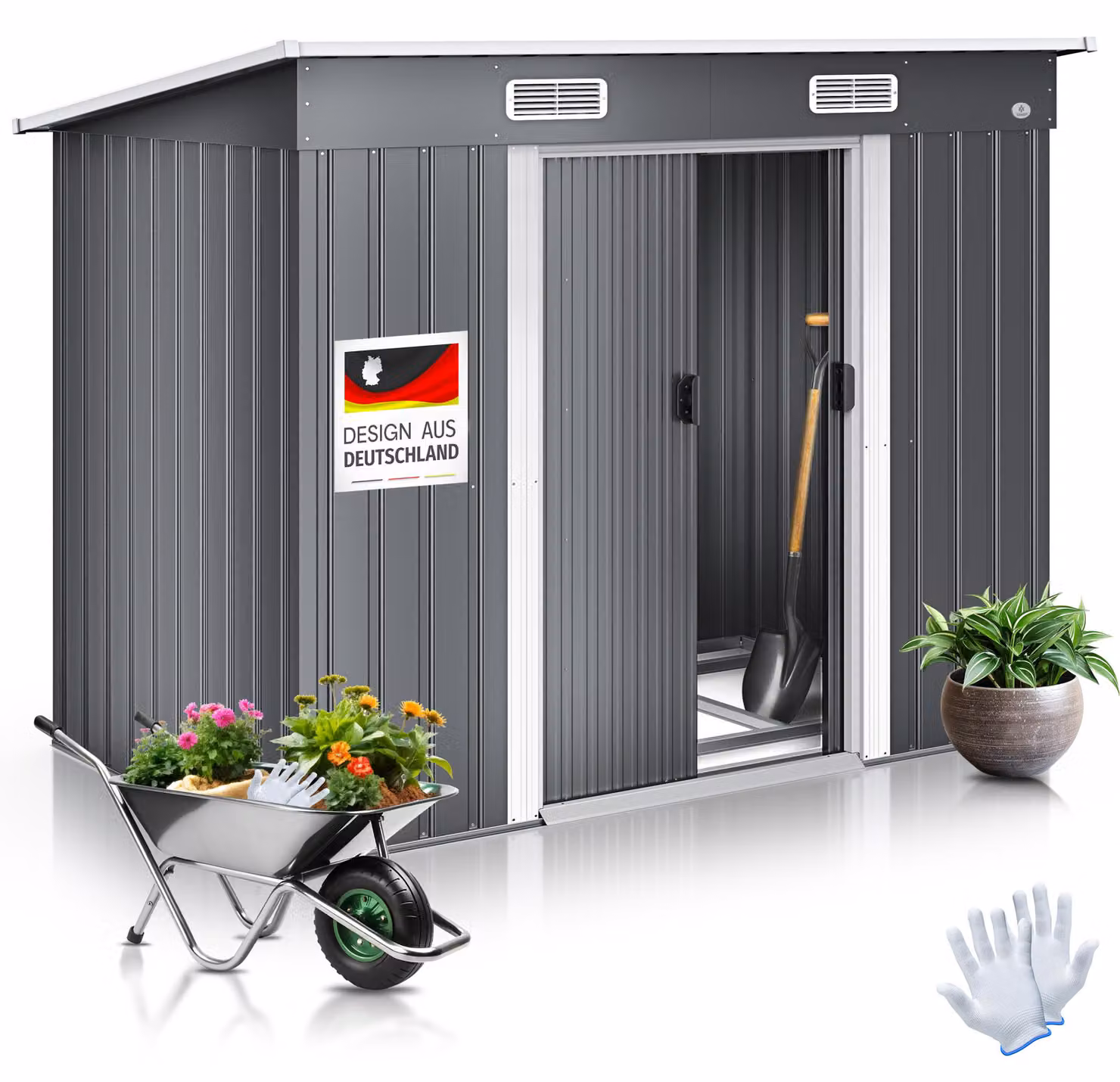 KESSER® - Capanno da giardino in metallo, modello L, capacità 4 m³, dimensioni 194x112x181 cm, completo di base, 2 porte scorrevoli, inclusi guanti