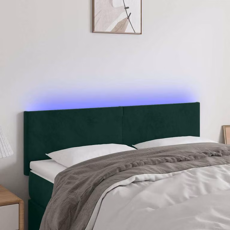 Testiera per letto vidaXL in velluto verde scuro con illuminazione LED integrata e porta di ricarica USB, L 144 x P 5 x H 78/88 cm