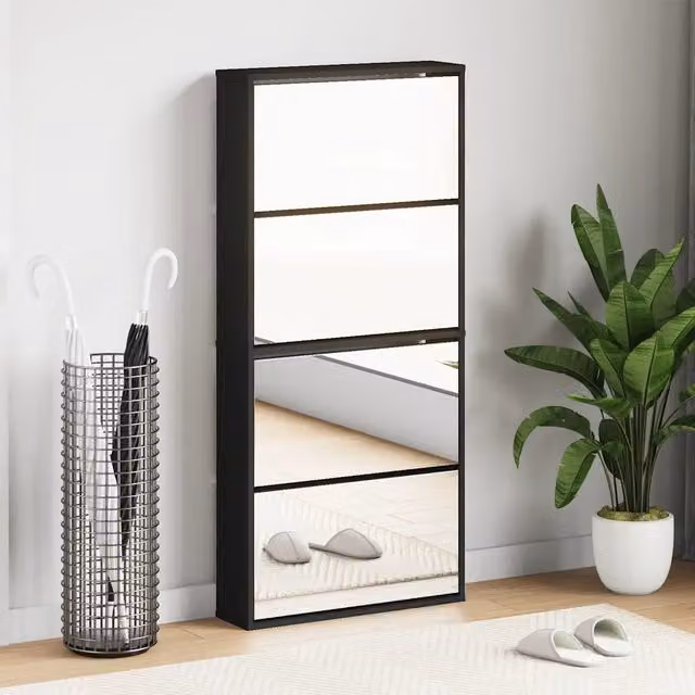 Scarpiera con Specchio a 4 Livelli-Mobile con specchio Nera 63x17x134 cm