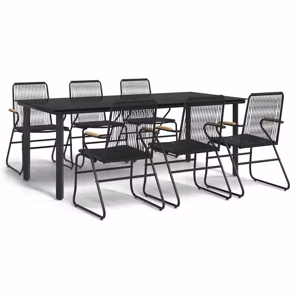 Set da pranzo da giardino vidaXL in rattan e vetro nero con struttura in metallo e legno di teak, 7 pezzi – 2