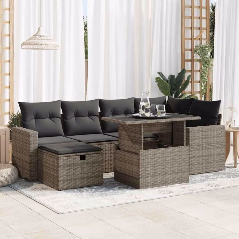 Set da giardino vidaXL in polyrattan grigio con 7 pezzi, divano ad angolo a forma di L, tavolino e cuscini inclusi