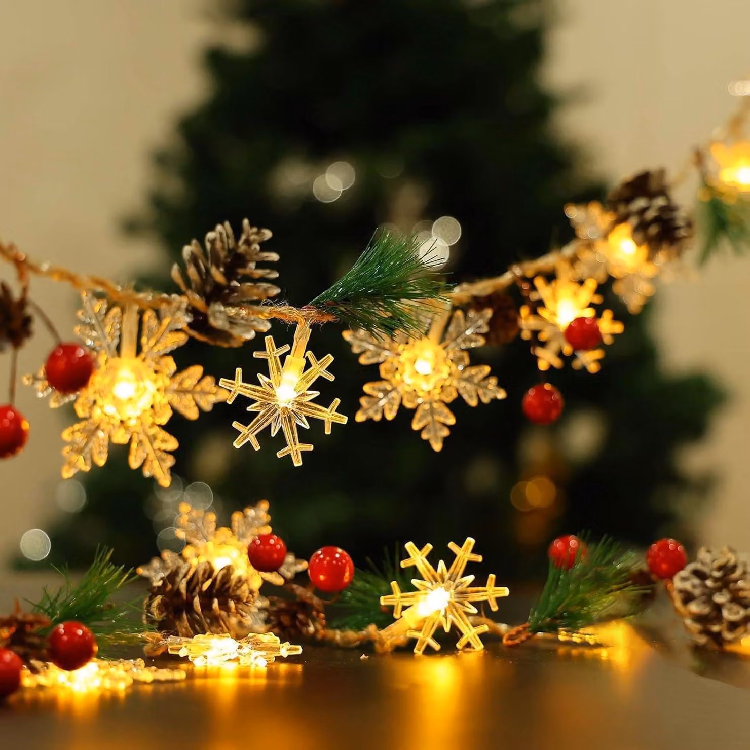 Tenda luminosa a LED, 2 metri, 20 luci, con decorazioni a forma di fiocchi di neve e pigne