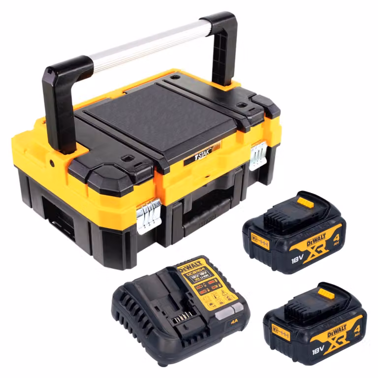 Set iniziale a batteria DeWalt DCB 1104 M2T da 18 V con 2 batterie da 4,0 Ah + caricabatterie DCB 1104 + TSTAK