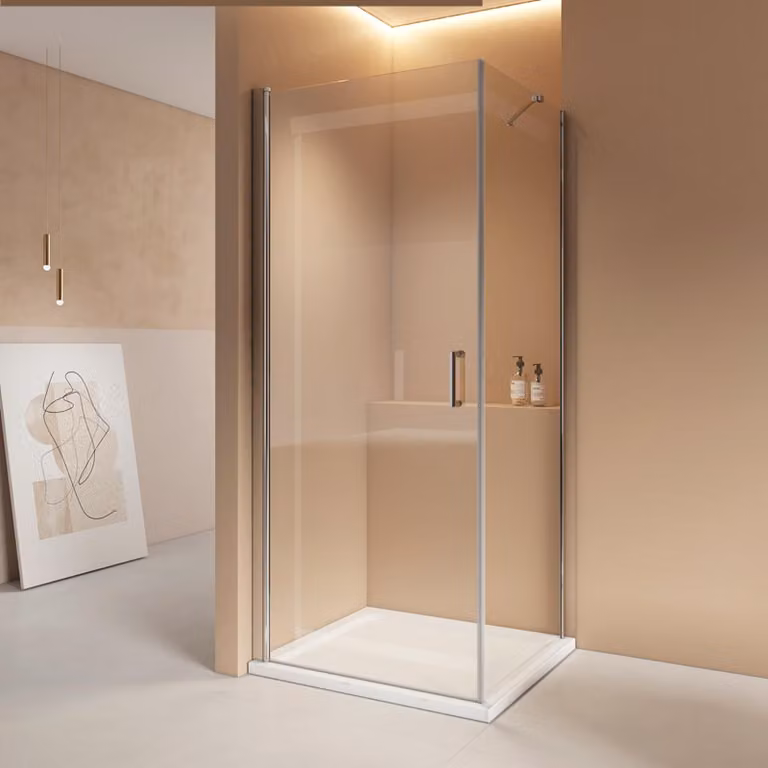 Cabina doccia EMKE 90x80 cm Altezza: 195 cm Doccia angolare Porta girevole con parete laterale, vetro di sicurezza ESG da 6 mm, funzione di sollevamento/abbassamento, rivestimento nano, finitura cromata