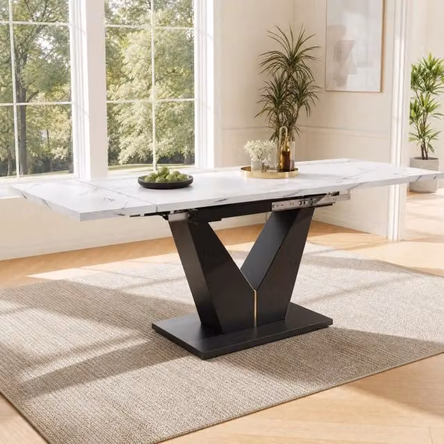 Tavolo da pranzo allungabile MIVRAY con piano in MDF effetto marmo lucido e guide in metallo, Bianco e Nero, L: 99–159 cm, P: 75 cm, H: 75 cm
