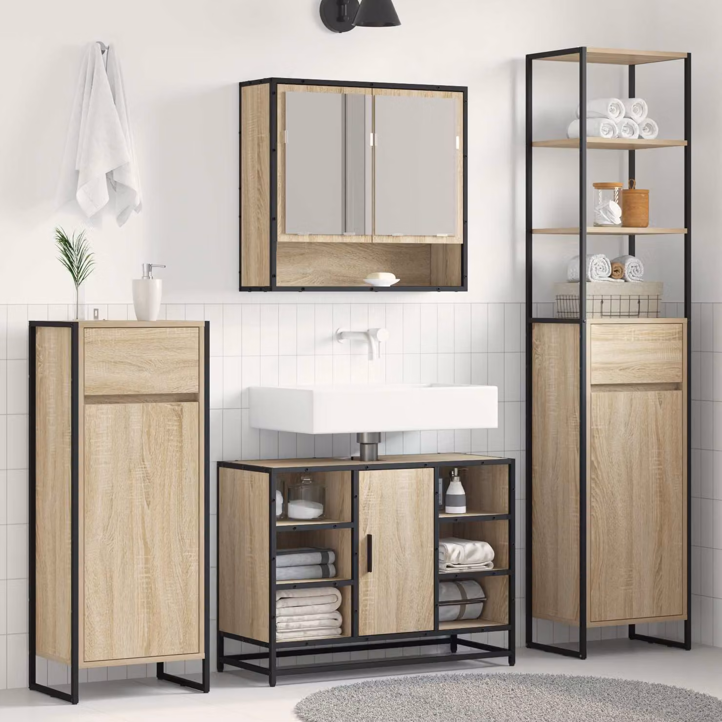 Mobile da bagno vidaXL in stile industriale color marrone con ripiani e cassetti, L: 40 cm, P: 30 cm, H: 180 cm