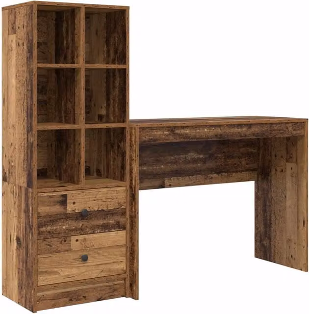 Scrivania | Tavolo da Ufficio con cassetto con lo scaffale 2 pz Legno vecchio