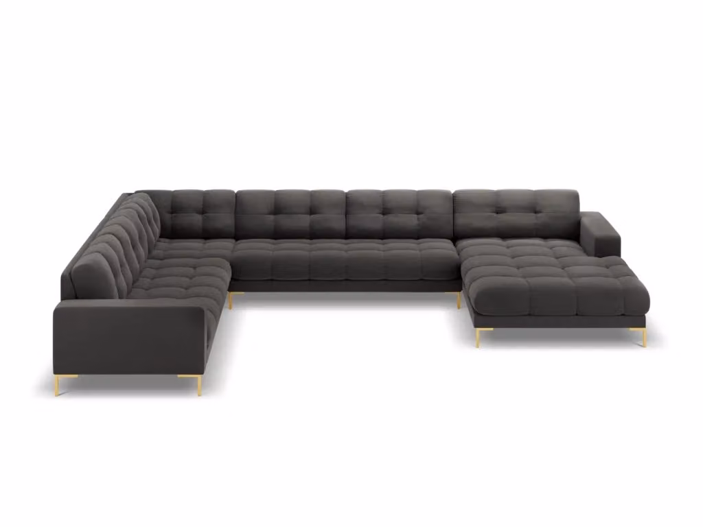 Divano panoramico Bali Cosmopolitan Design a 7 posti in velluto grigio scuro con dettagli oro, configurazione a L sinistra, L: 327 cm, P: 134 cm, H: 75 cm – 2