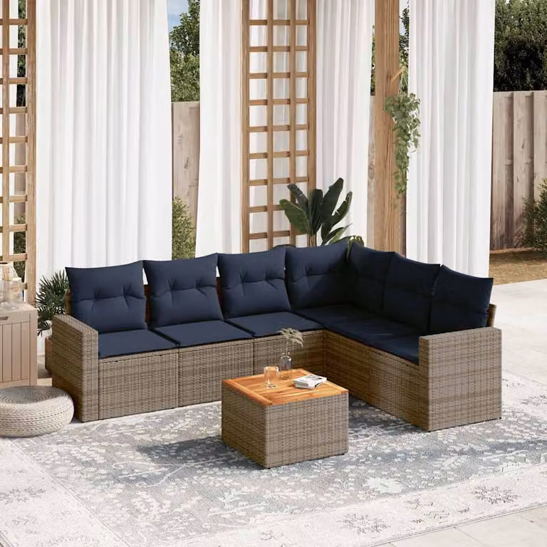 Set di divani da giardino vidaXL in polyrattan grigio con cuscini, forma a L e tavolino da esterno