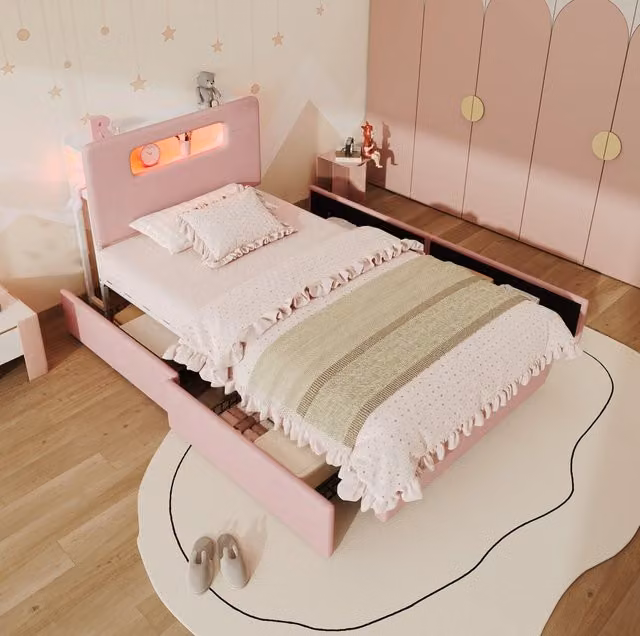 Letto imbottito bambini rosa 90 x 200 cm con 4 cassetti laterali e illuminazione LED controllata via app